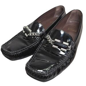 Stuart Weitzman Black patent leather pinch rhinestone chain loafer 6.5